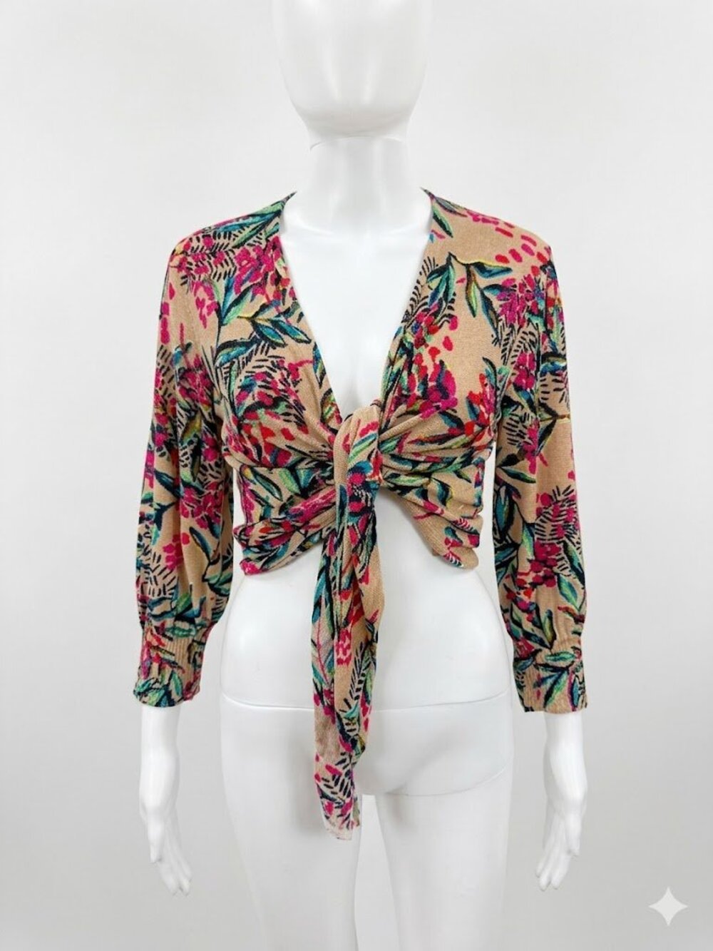 NIC+ZOE Linen Blend Tie Front Cardigan S Tropical Floral Print 3/4 Sleeve Knit